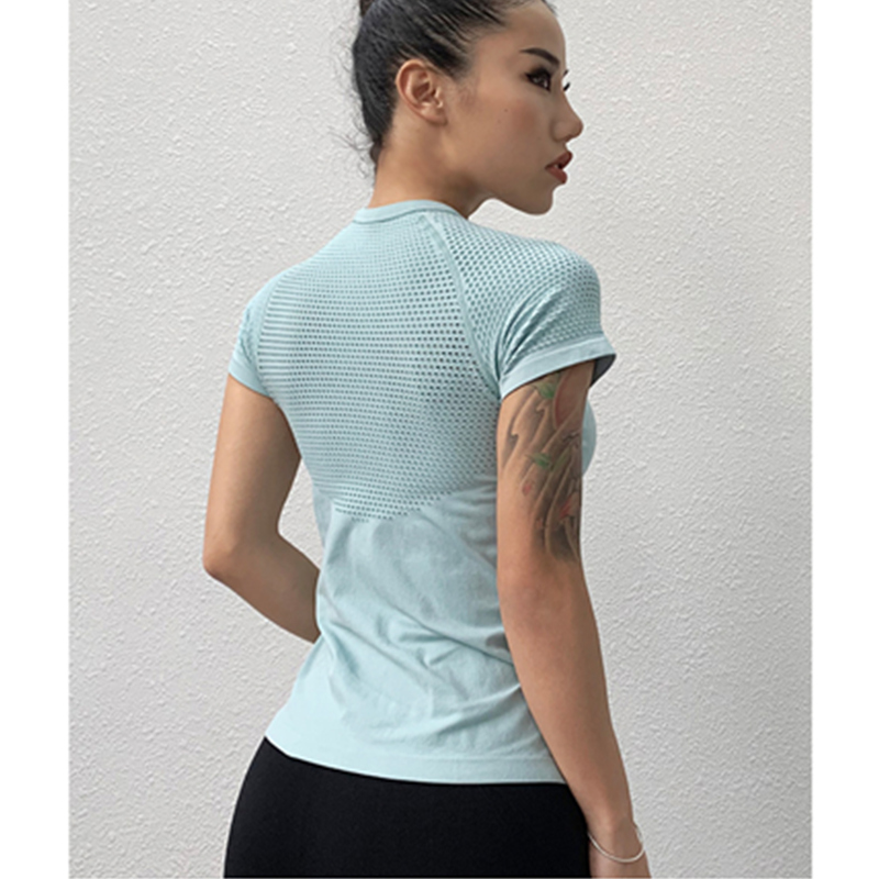 Кухо издълбан дизайн лятна дишаща блуза тренировка тънък йога движение с къс ръкав